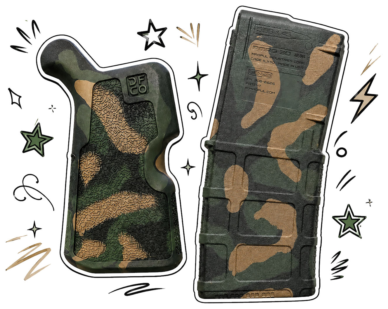 Timber Moss grip and PMAG set with doodle accents